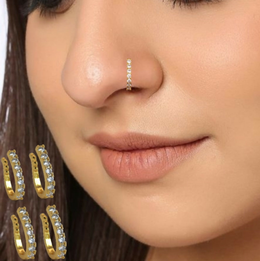 Gold-Plated CZ Lined Nose Ring Set of 4 | Daily Wear Nosepins