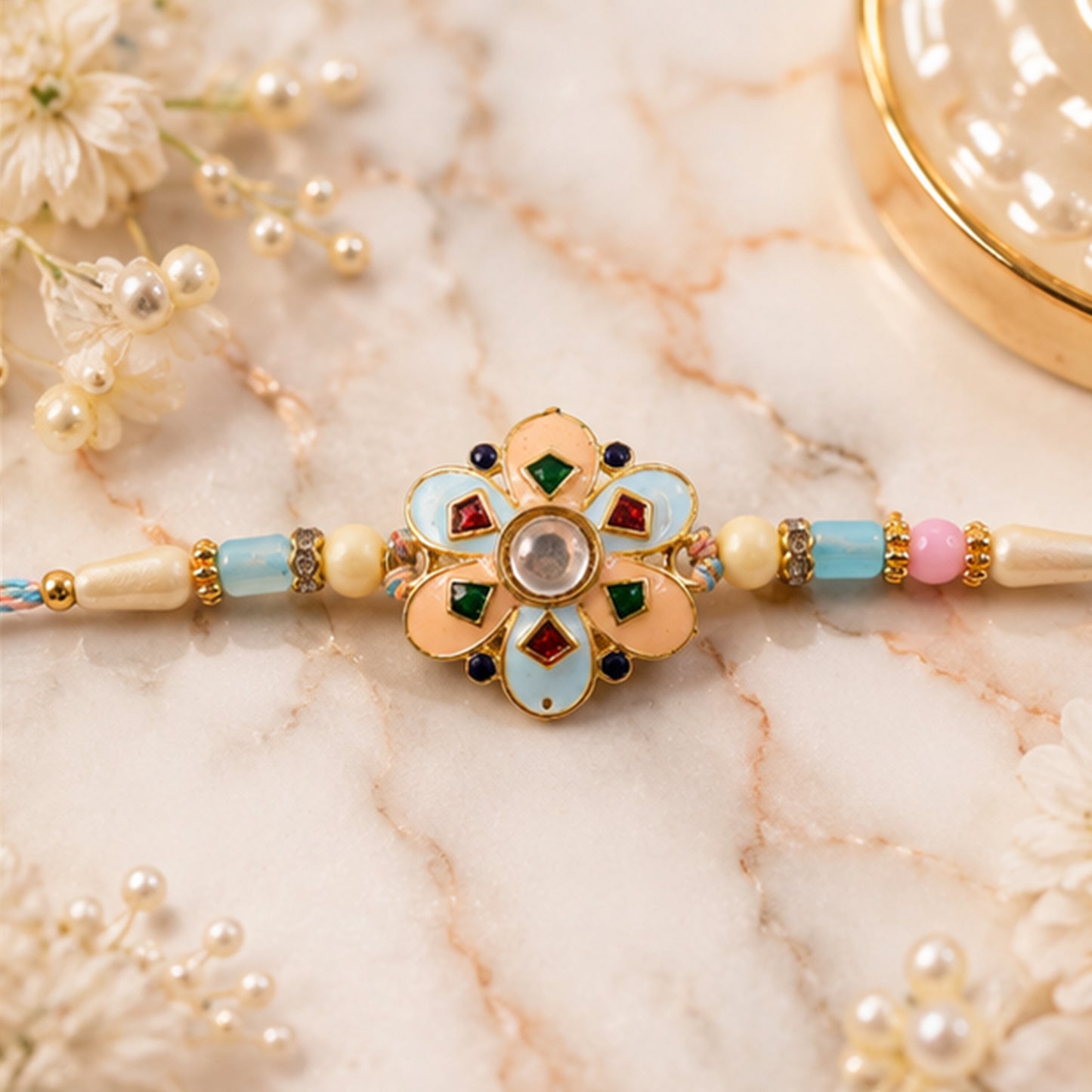 Eight Petal Floral Kundan Pendant Rakhi with Pastel Beads