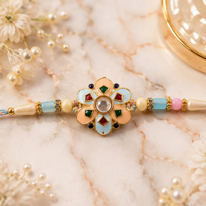 Eight Petal Floral Kundan Pendant Rakhi with Pastel Beads