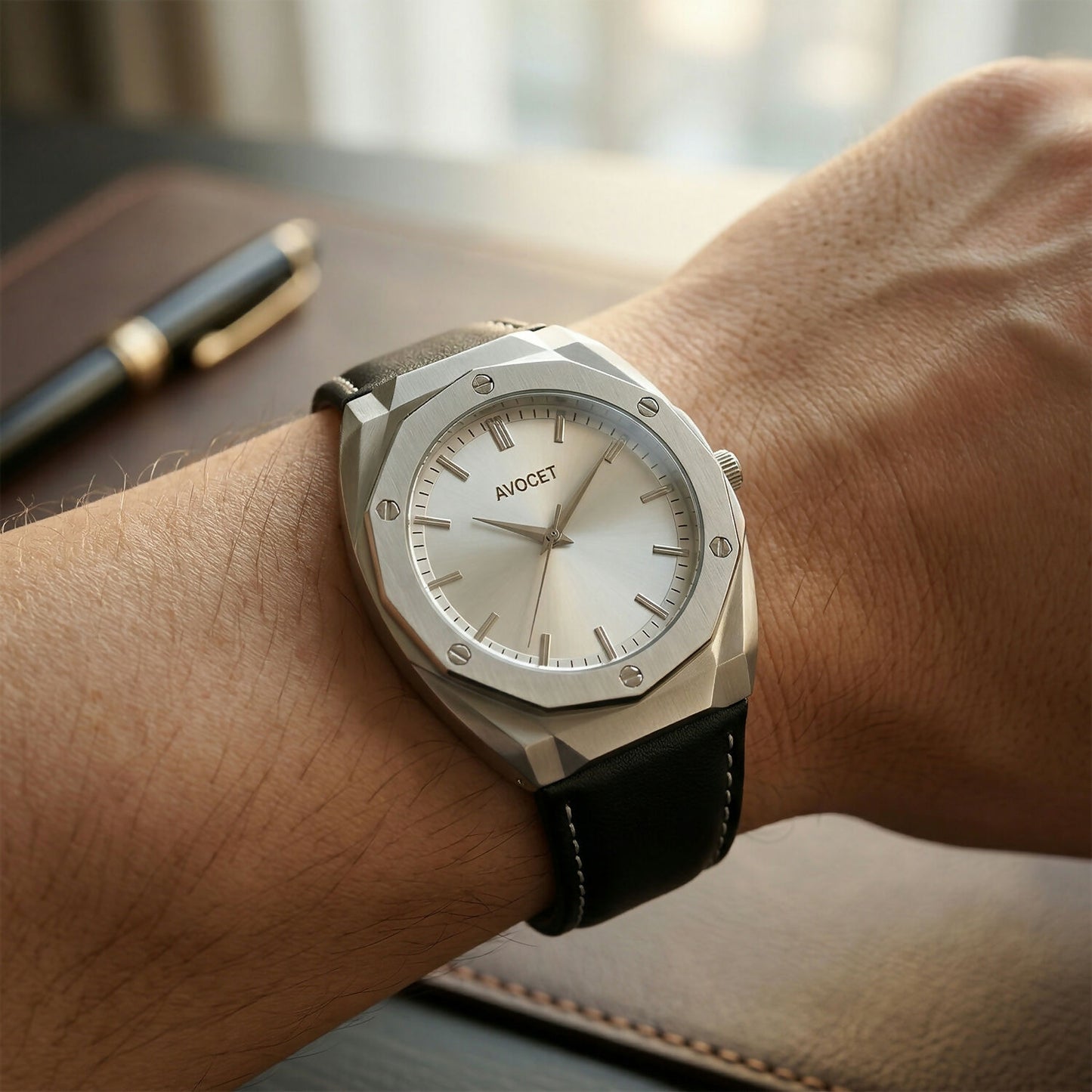 Premium Octagonal Silver Dial Analog Wrist Watch with Leather Strap for Men