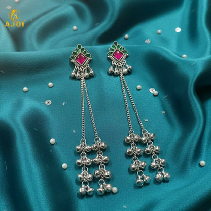 Kashmiri Style Silver Plated Long Chain Drop Earrings with Pink & Green Stones