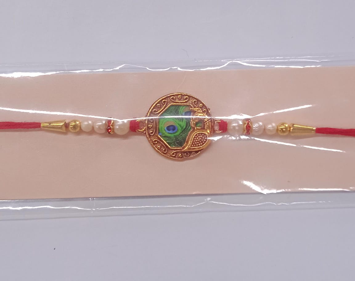 Shop Peacock Feather Rakhi with Pearl Bead Accents Red Thread (10pcs)