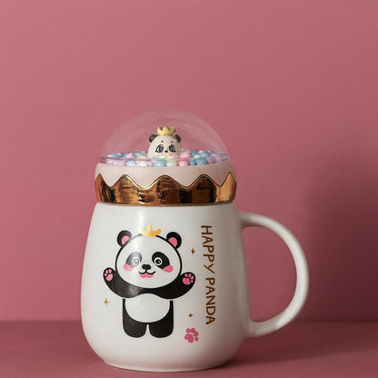 Happy Panda Ceramic Mug with Dome Lid & Golden Crown | Cute Gift for Kids & Girls