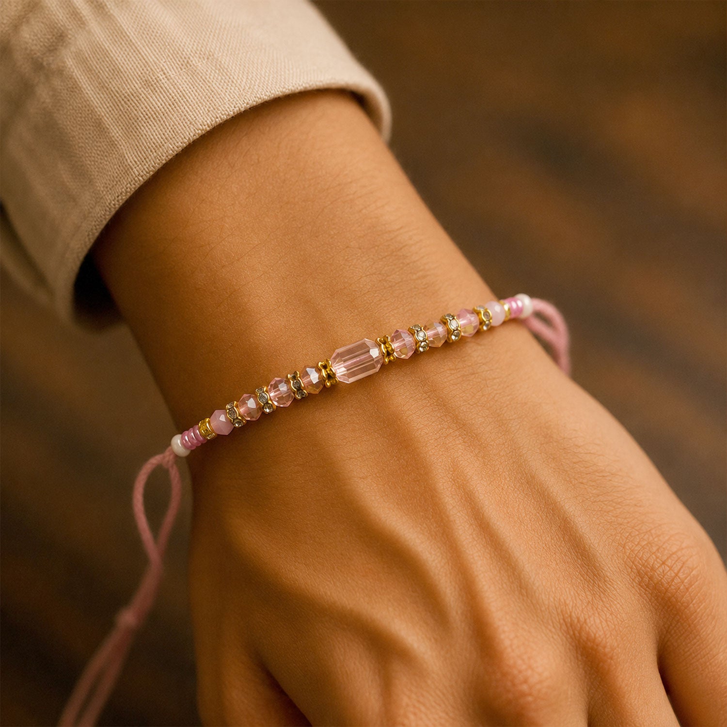 Soft Pearl Beaded Rakhi with Delicate Colors and Beautiful Bracelet Style Finish