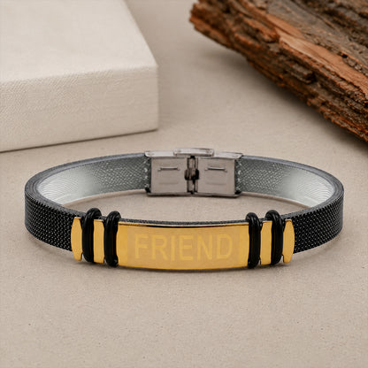 FRIEND Bracelet Rakhi with Black Band and Gold Name Plate for Raksha Bandhan Gift