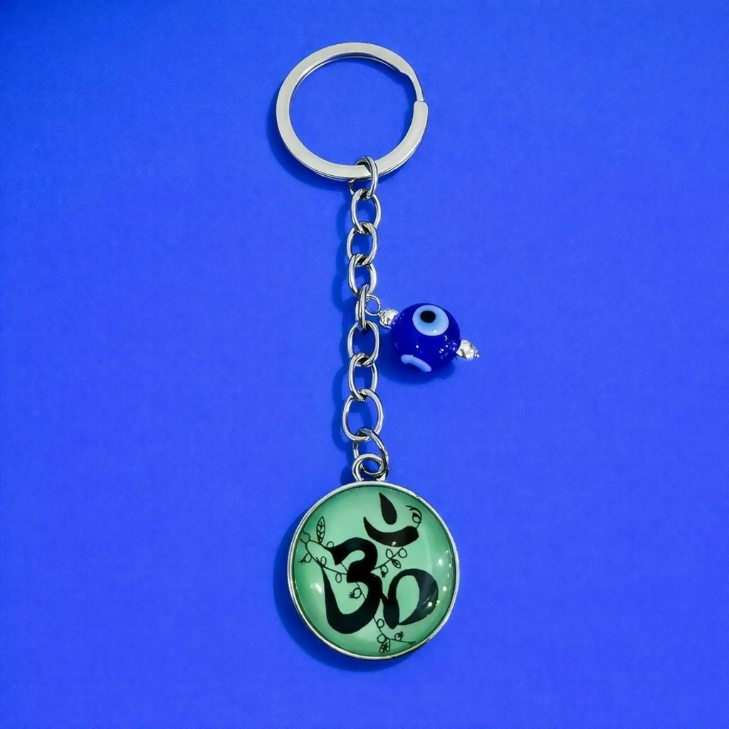 Om Symbol Keychain with Evil Eye Charm Metal Key Holder