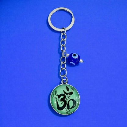 Om Symbol Keychain with Evil Eye Charm Metal Key Holder