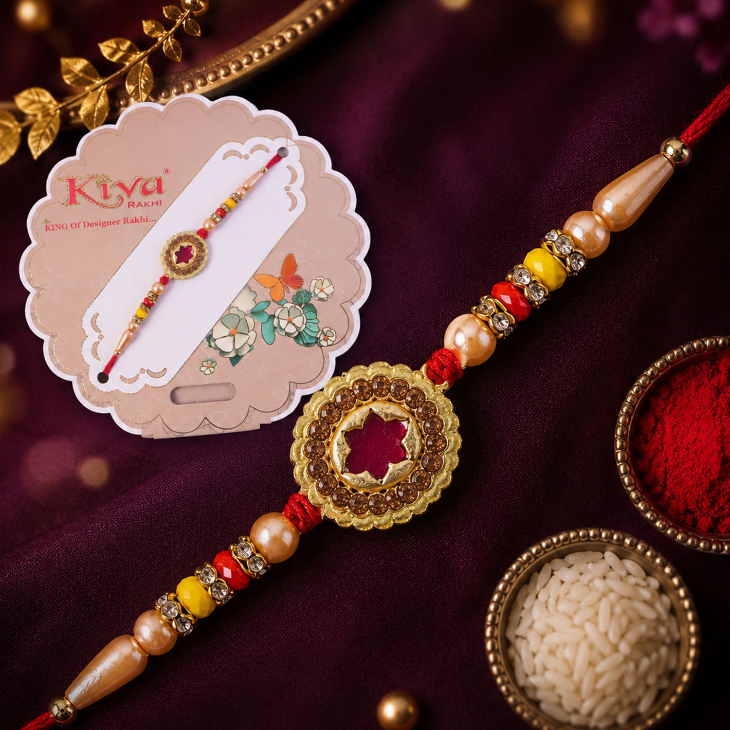 Antique Gold Maroon Star Floral Rakhi for Brother with Pearls & Beads
