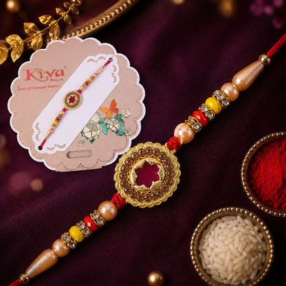 Antique Gold Maroon Star Floral Rakhi for Brother with Pearls & Beads