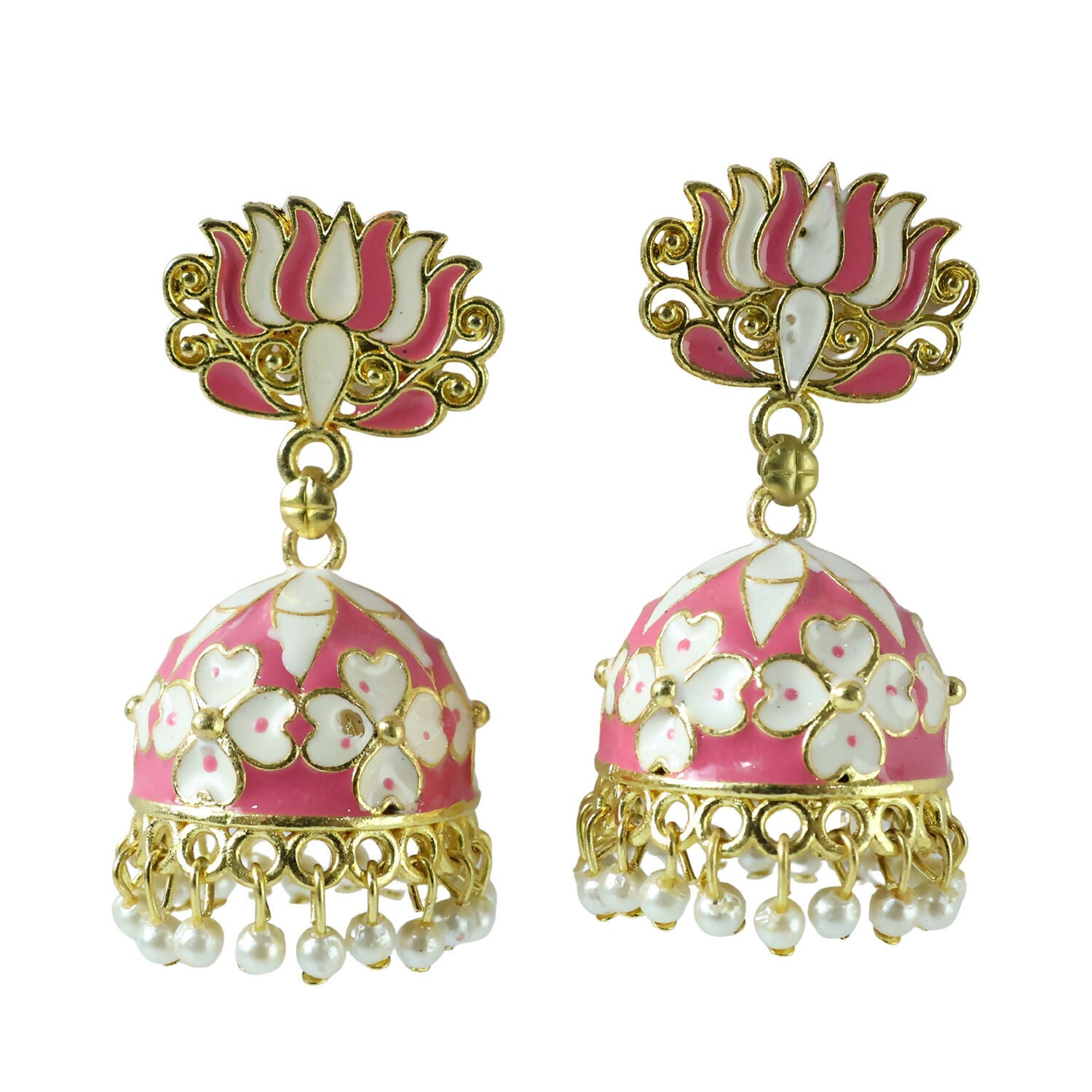 Pink Lotus Jhumka Earrings display on white background
