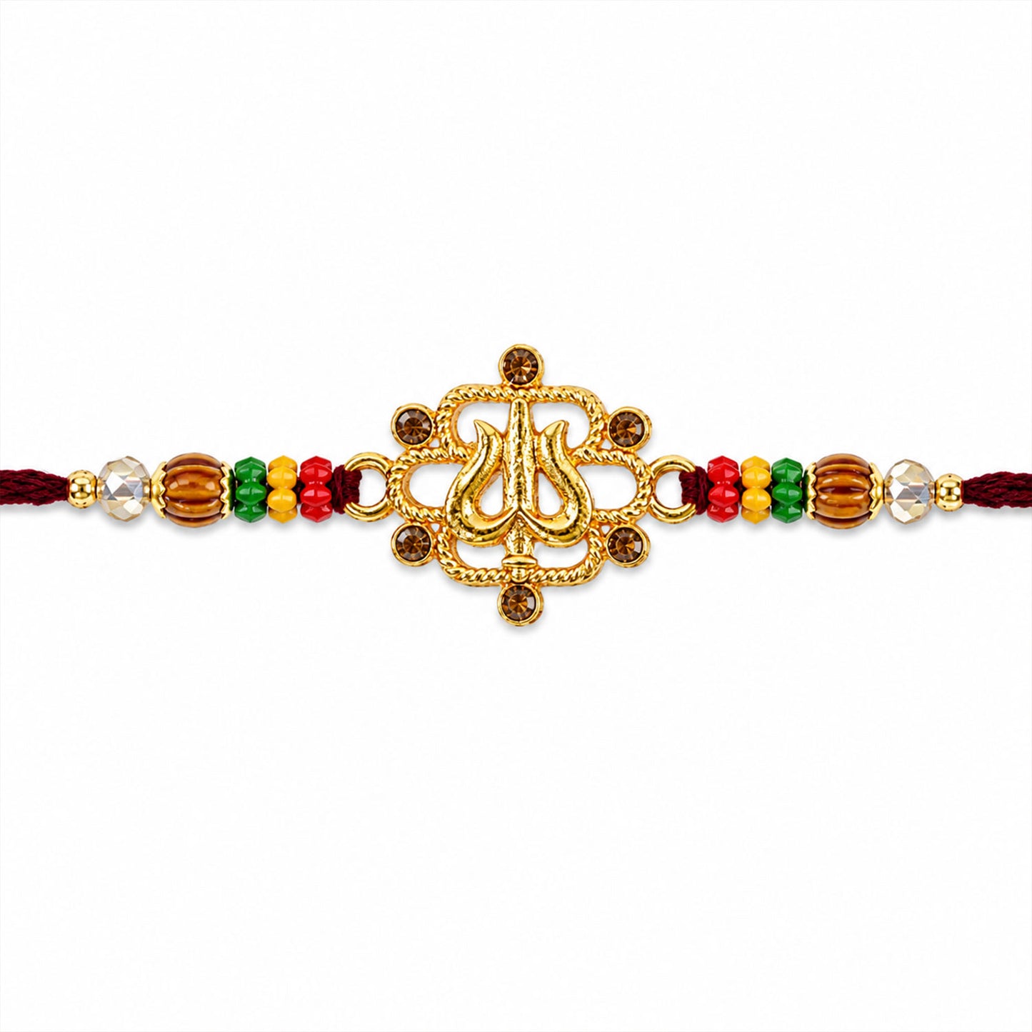 Tilak Trishul Style Devotional Rakhi with Golden Centre and Wooden Beads