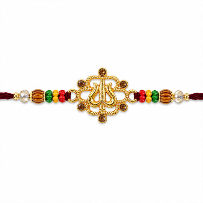 Tilak Trishul Style Devotional Rakhi with Golden Centre and Wooden Beads