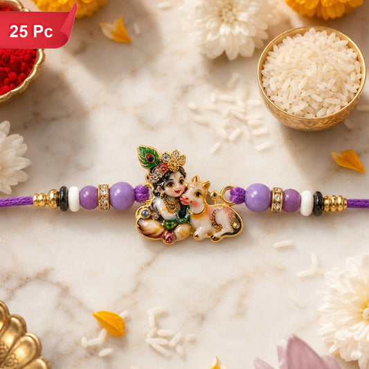 A purple thread features a golden charm of Bal Krishna with a cow, flanked by purple and white beads with gold accents.