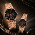 Rose Gold Couple Watch Set with Black Dial Chronograph Style Metal Strap