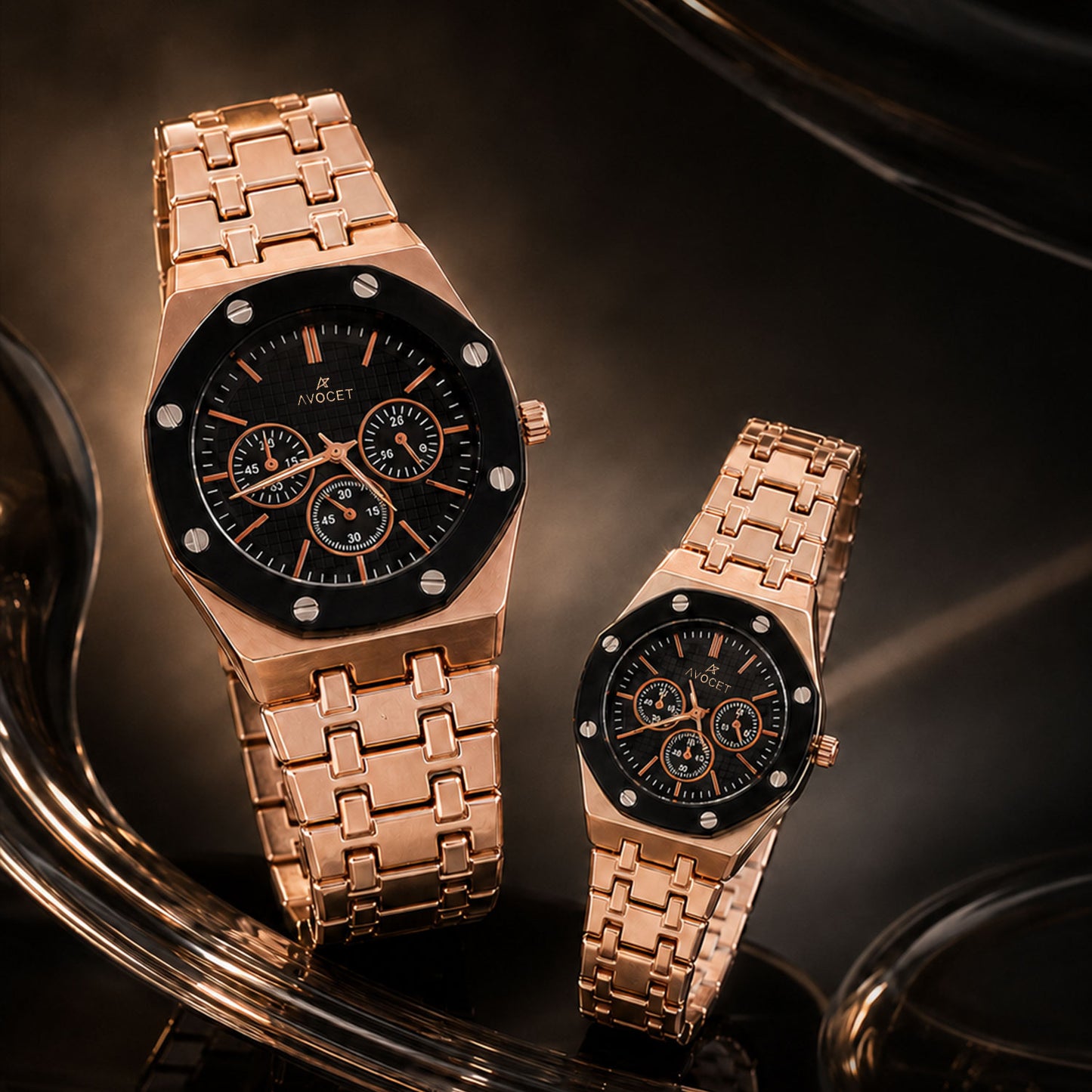Rose Gold Couple Watch Set with Black Dial Chronograph Style Metal Strap
