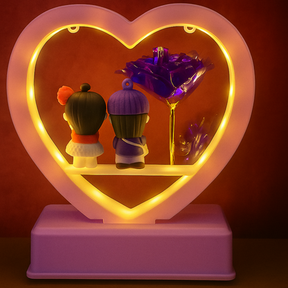 Romantic Heart LED Couple Showpiece with Pink Frame & Pink Rose | Cute Love Figurine Light for Bedroom, Anniversary, Valentine, Wedding & Home Decor Gift