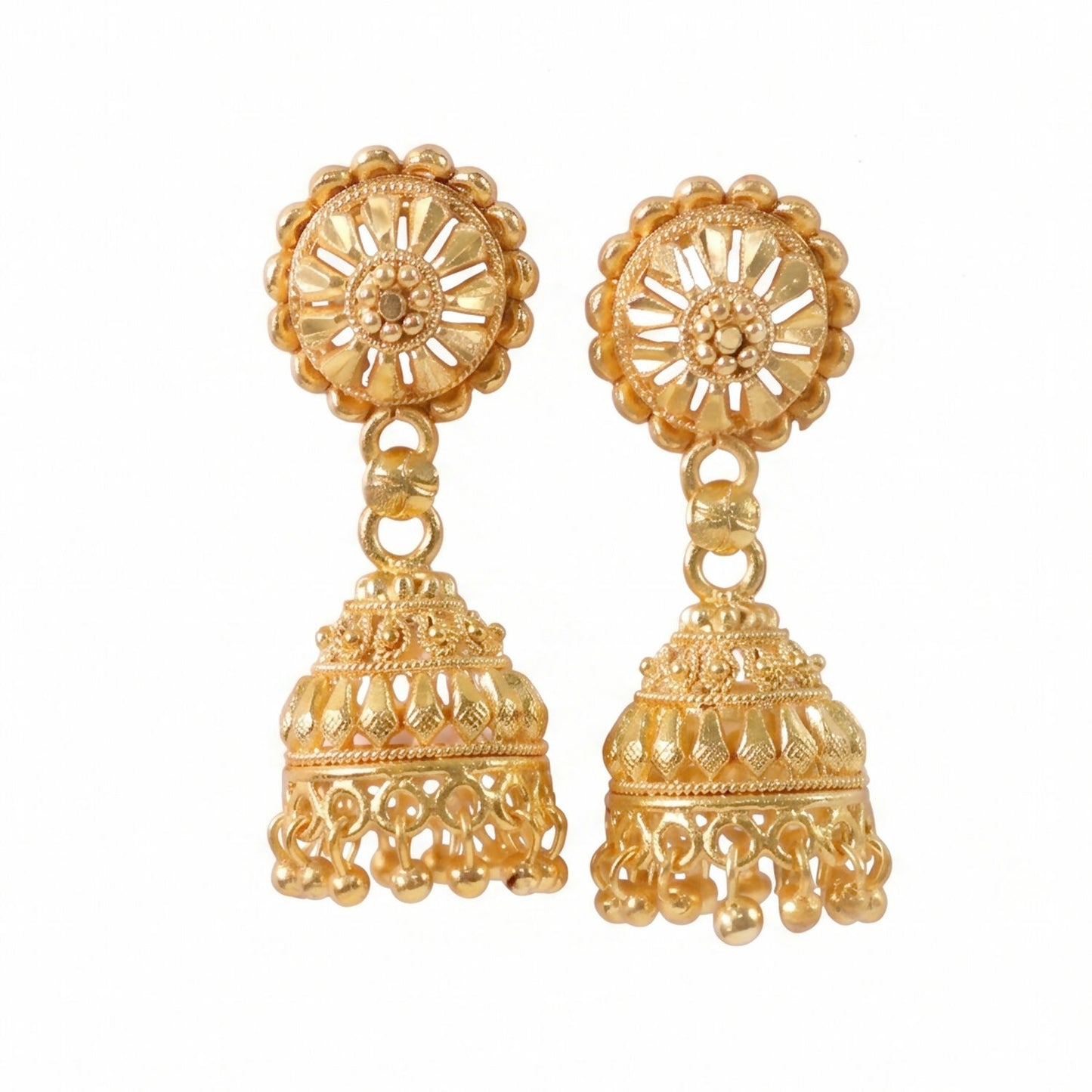 Detailed view of pearl and gold design on jhumka earrings