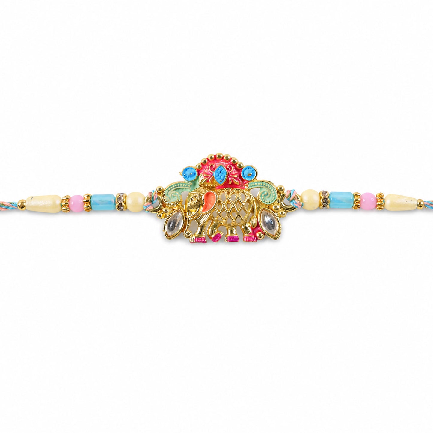 Textured Gold Elephant Pendant Rakhi with Multicolor Kundan