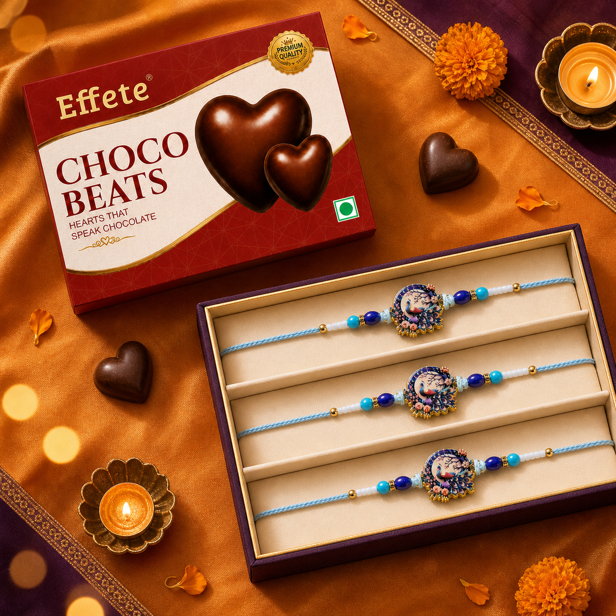 Blue Peacock Portrait Rakhi with Choco Beats, Pack of 3