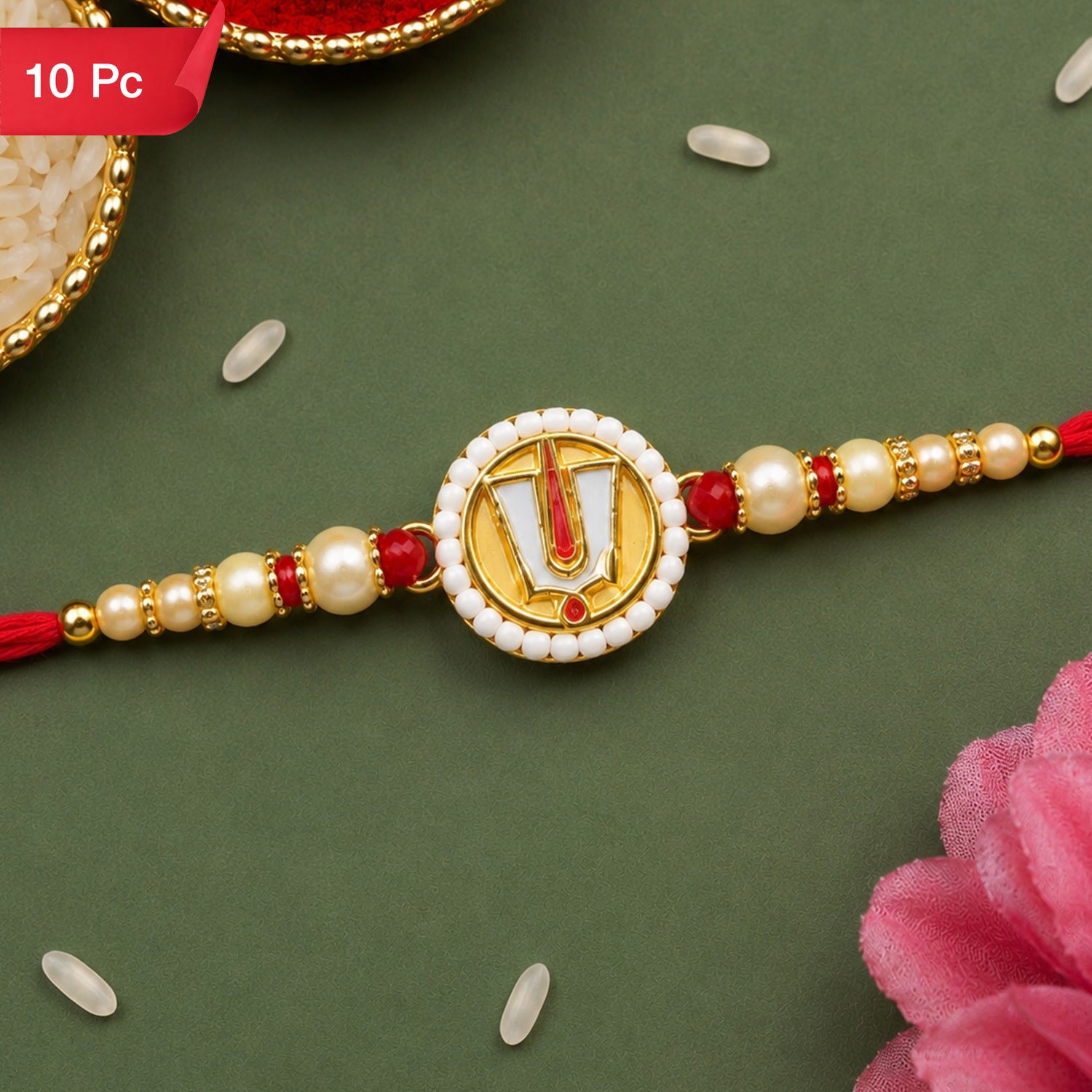 A red and gold devotional bracelet with a central white and gold charm featuring a red and white U-shaped symbol.