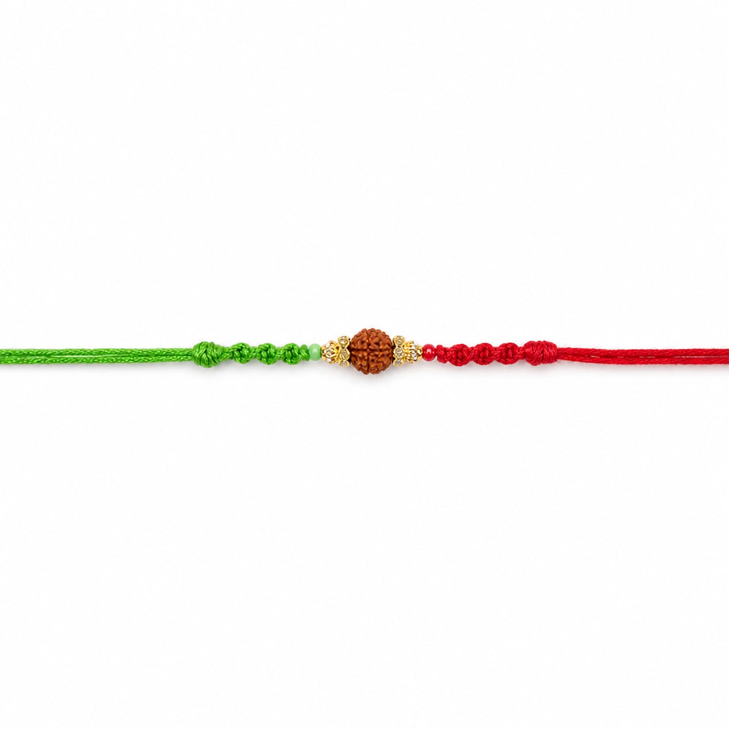 Green Thread Rakhi with Natural Rudraksha Bead and Golden Caps