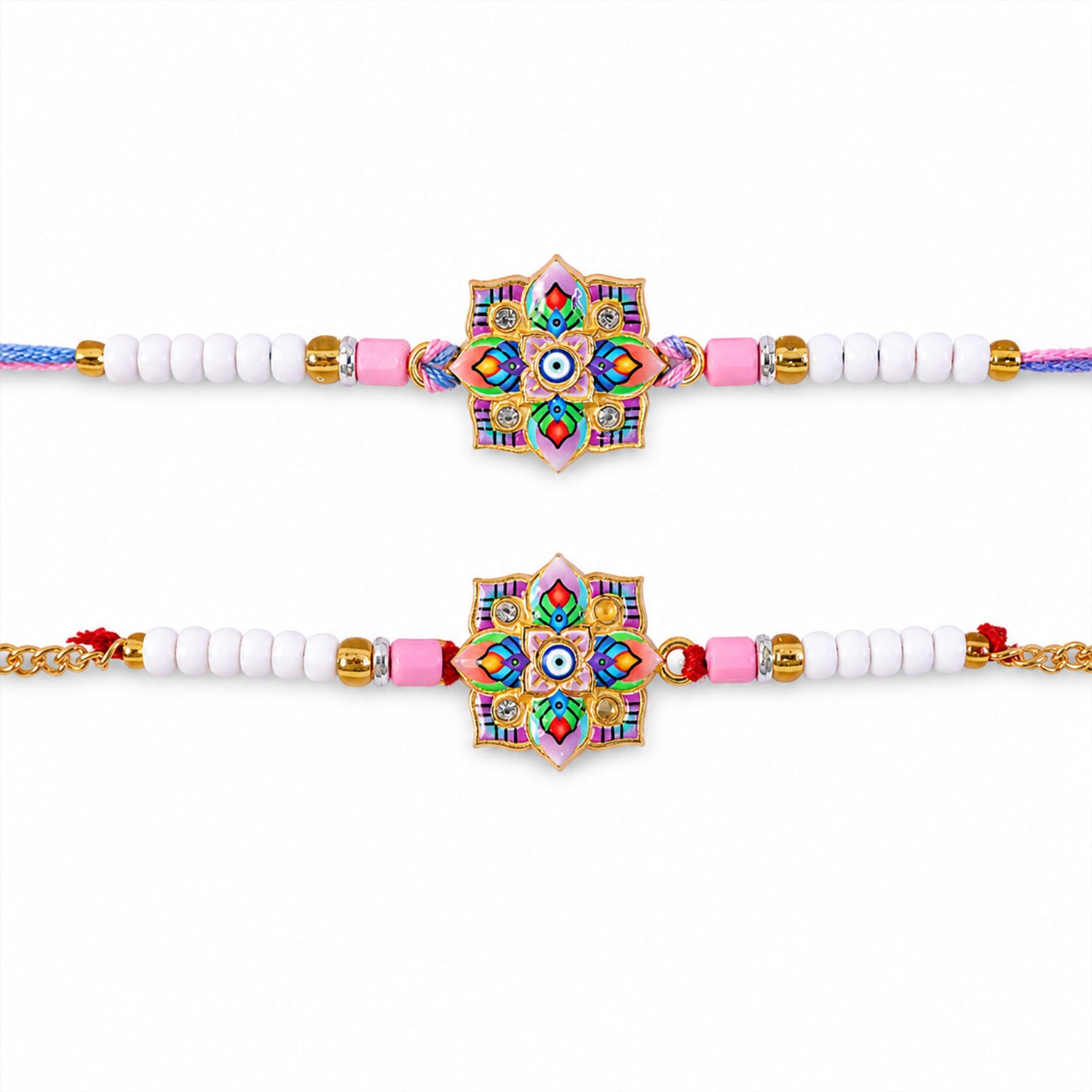 Floral Mandala Evil Eye Printed Pearl Beads Bhai Bhabhi Rakhi Set