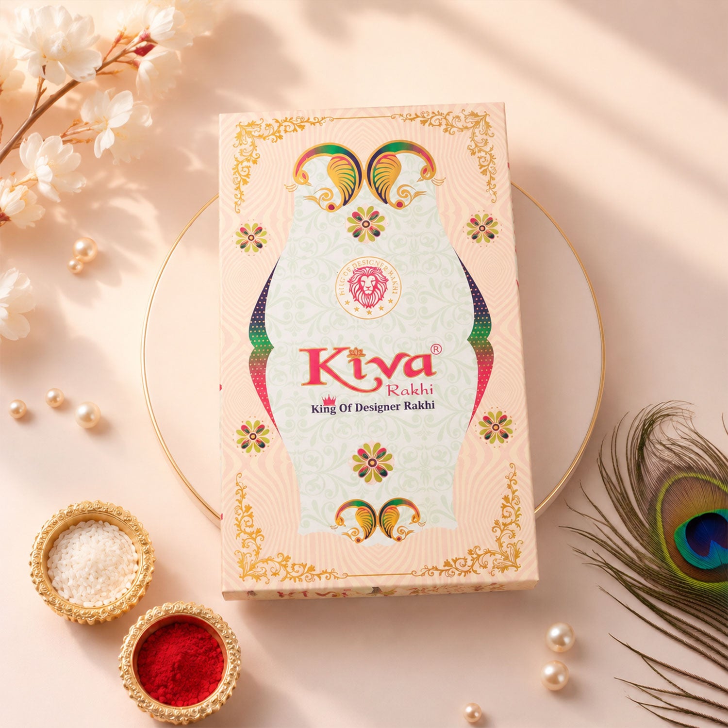 Silver Oval Floral Stone Rakhi with Color Petal Centre, Roli Chawal Coin and Card Packing