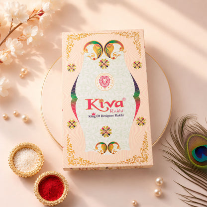 Silver Oval Floral Stone Rakhi with Color Petal Centre, Roli Chawal Coin and Card Packing