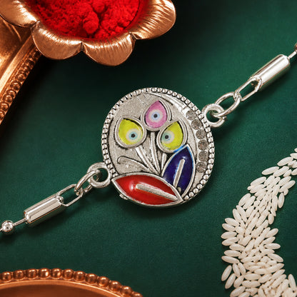 Leaft Evil Eye Motif Enamel Crystal Studded Silver Chain Designer Rakhi