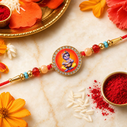 Bal Krishna Photo Round Beaded Traditional Rakhi for Brother (5pcs)