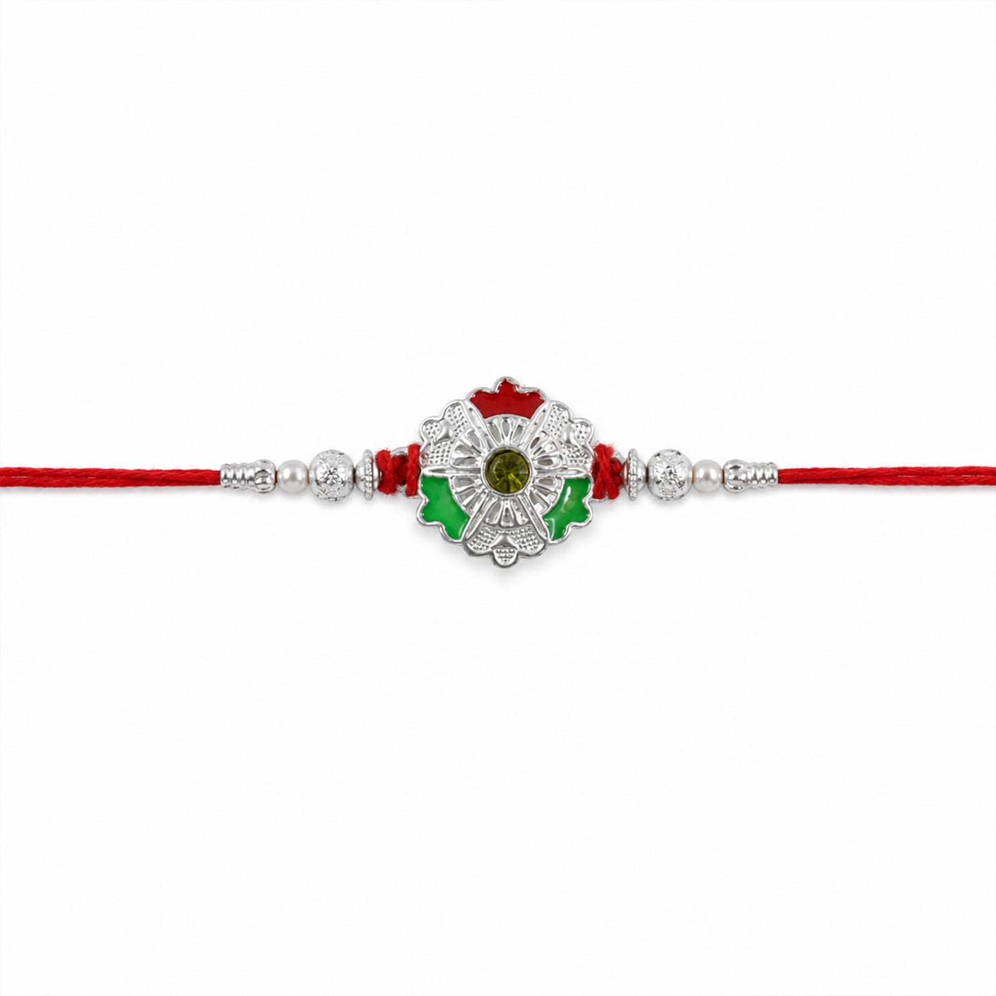 Green White Flower Rakhi with Silver Beads and Red Thread