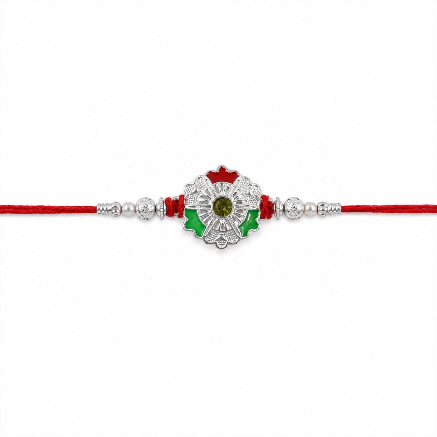 Green White Flower Rakhi with Silver Beads and Red Thread