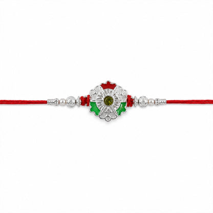 Green White Flower Rakhi with Silver Beads and Red Thread