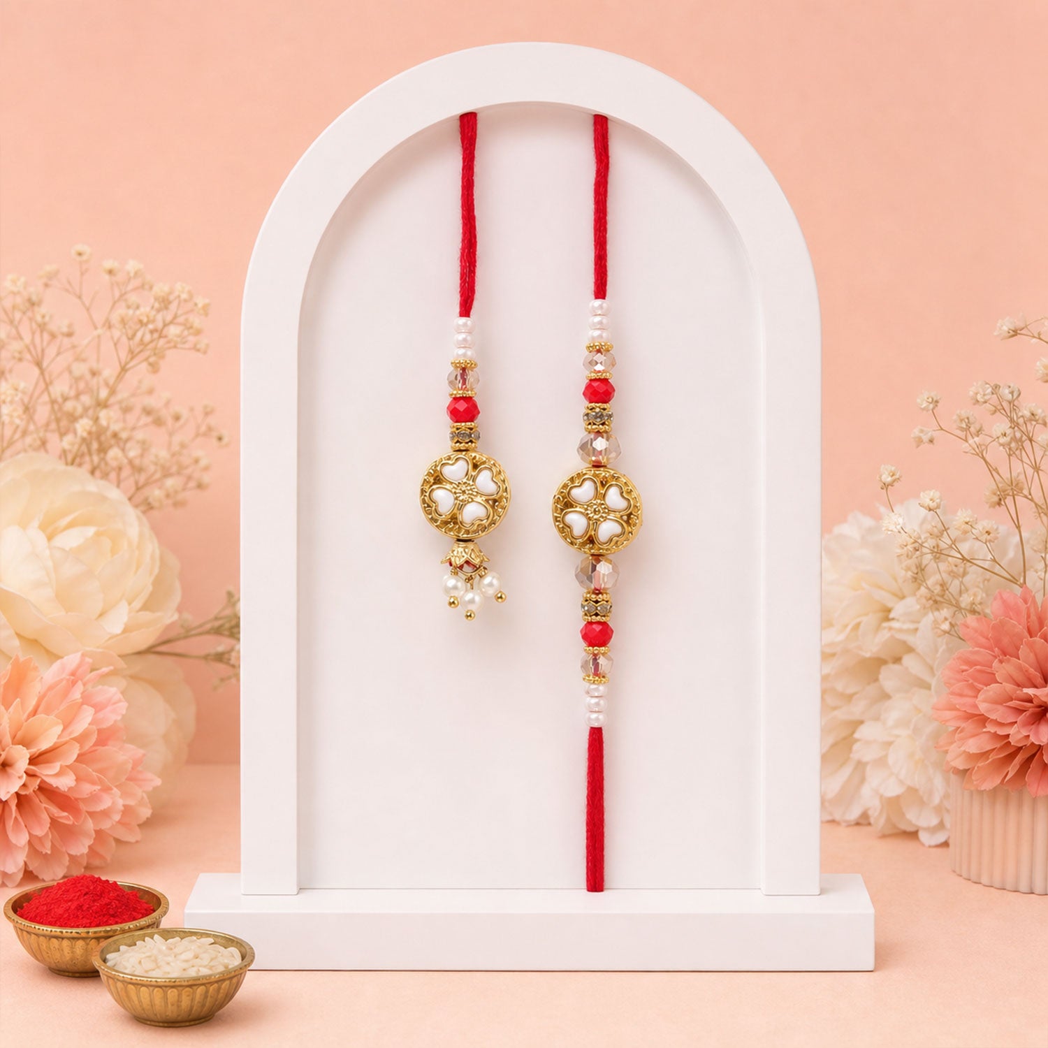 Divine Floral Medallion Bhai Bhabhi Rakhi with Flower Ring and Pearl Drops for Gift