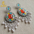 Oxidized Oval Earrings – Vibrant multicolor stones & pearl tassel