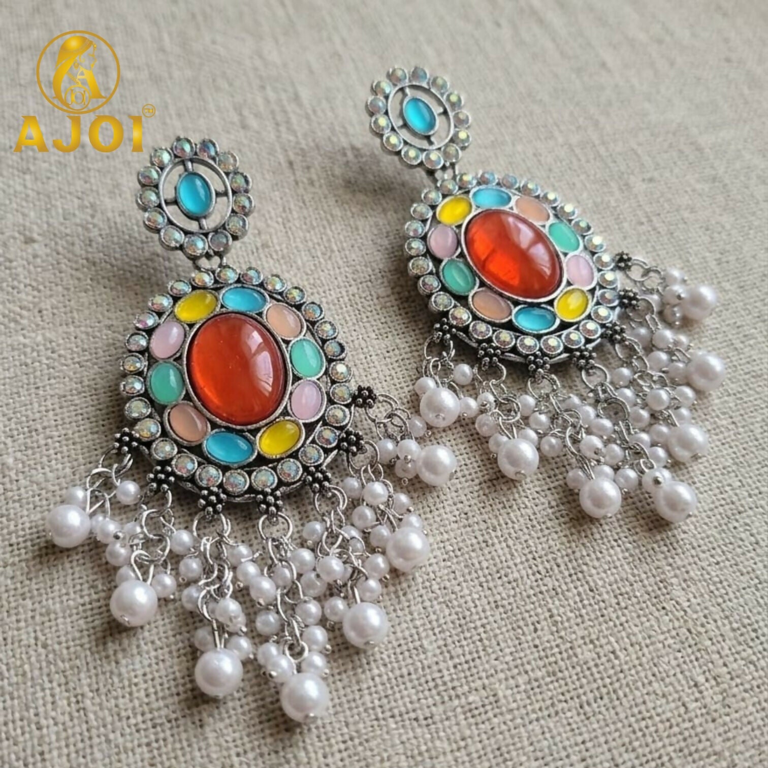 Oxidized Oval Earrings with Multicolor Stones & Pearl Tassel Drops