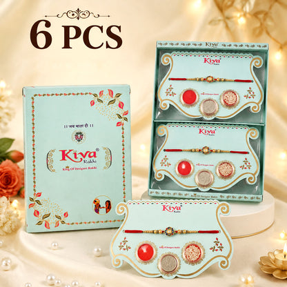 Blue Enamel Mandala Rakhi with Golden Star Detail, Roli Chawal Coin and Gift Box Packing