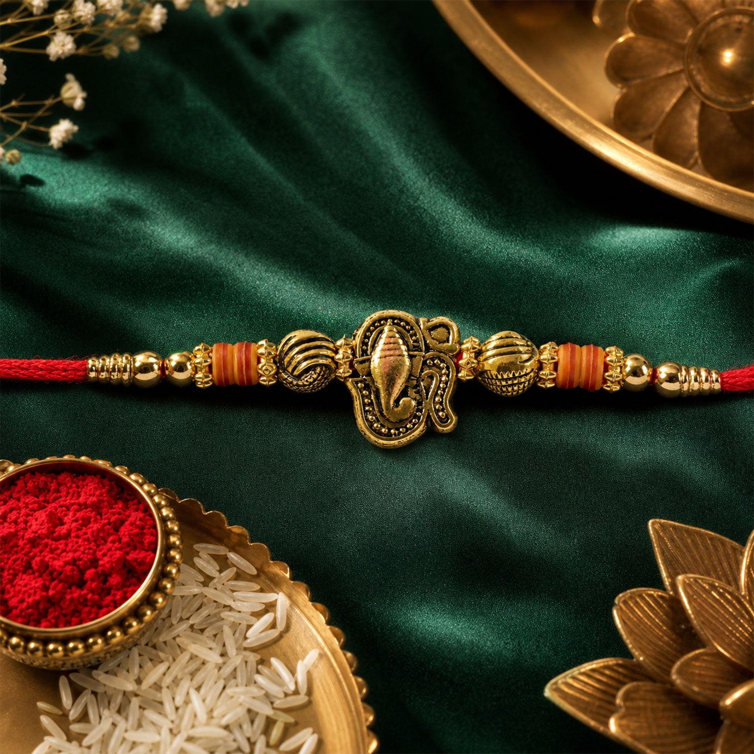 Red Thread Rakhi with Antique Gold Ganesha Pendant and Beaded Charms