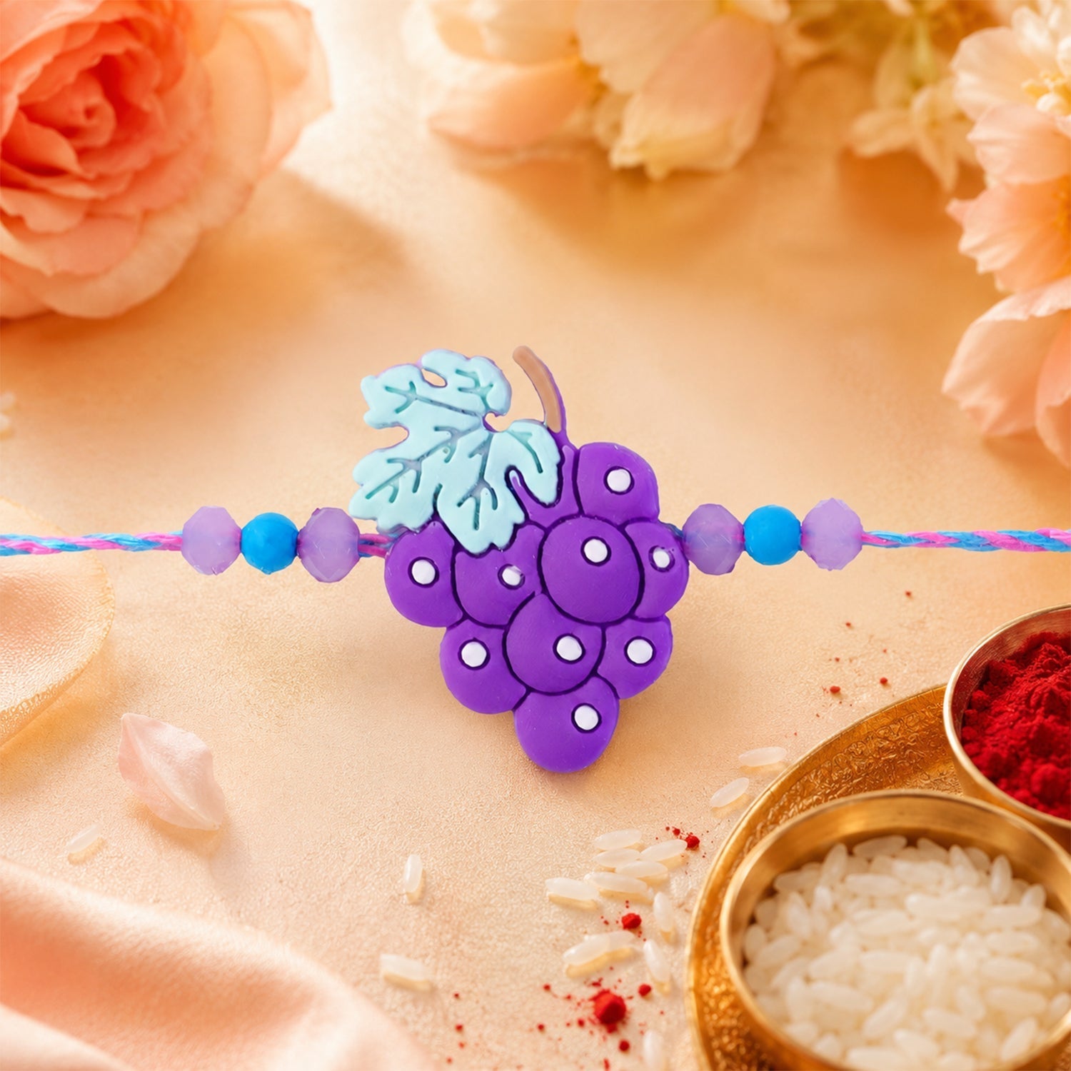 Shop Grape Bunch Charm Kids Beaded Designer Rakhi for Brother (10pcs)