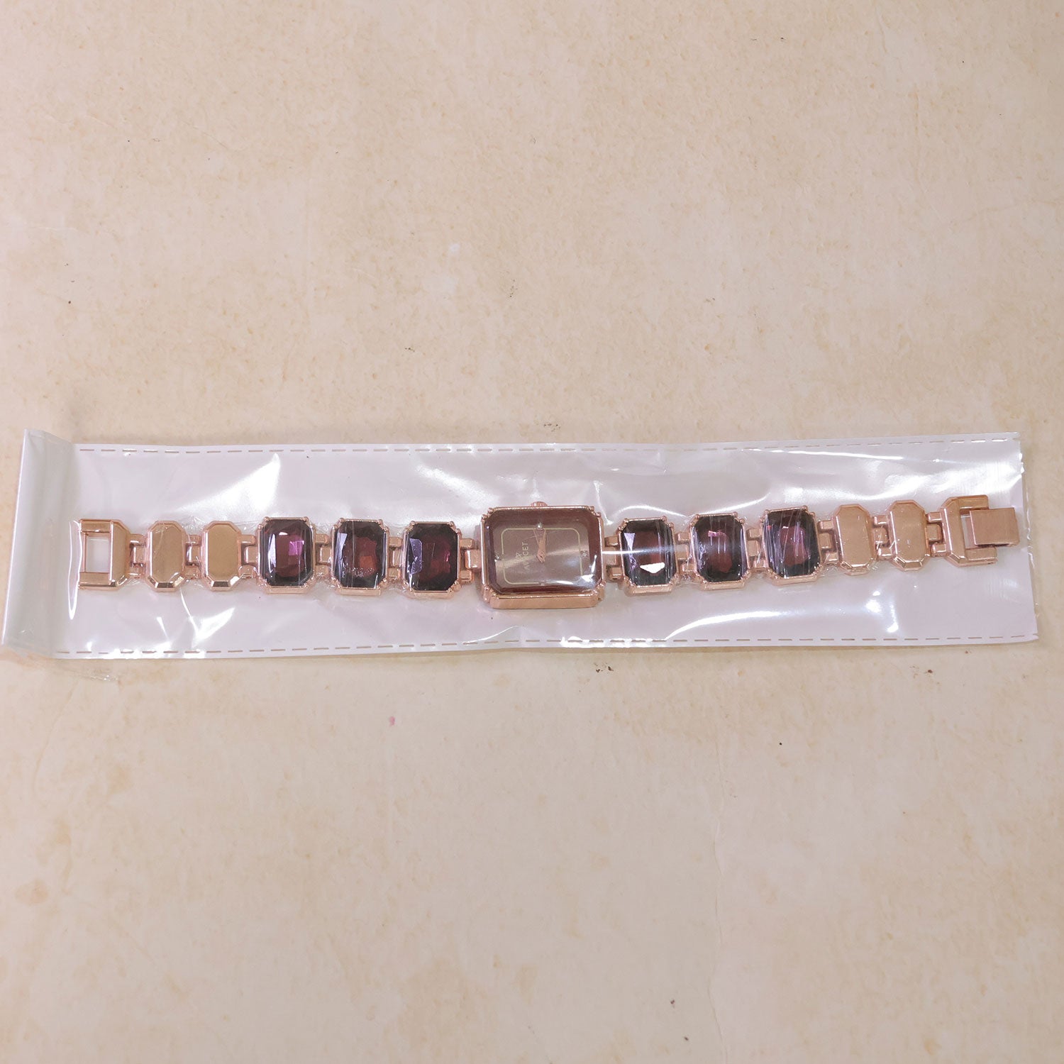 Rose Gold Square Shape Dial Watch with Black Red Stone Strap Design for Women