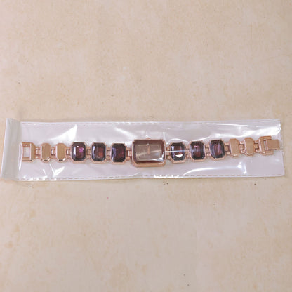 Rose Gold Square Shape Dial Watch with Black Red Stone Strap Design for Women