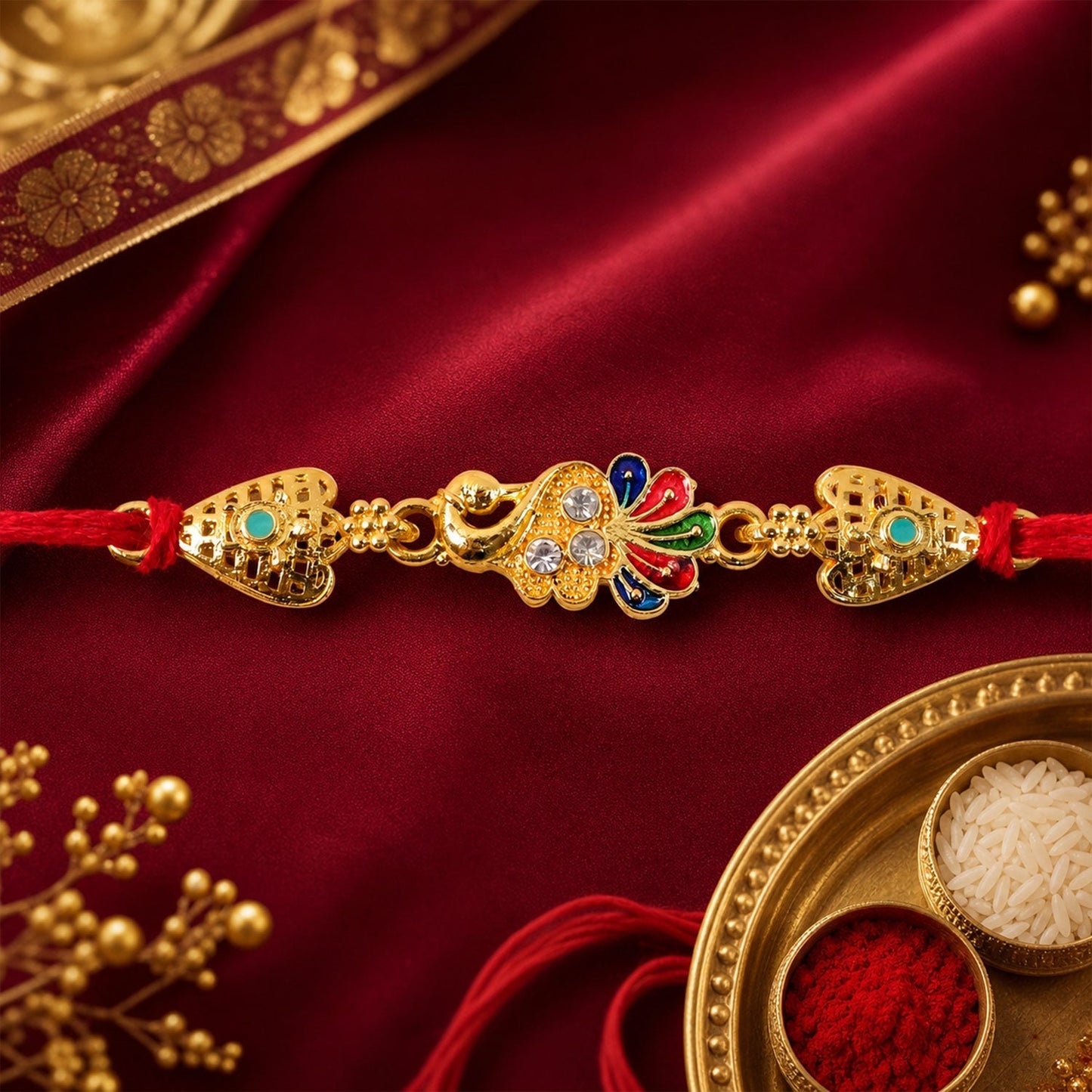 Gold-Toned Peacock Rakhi with Colorful Enamel and Stones for Raksha Bandhan (5pcs)