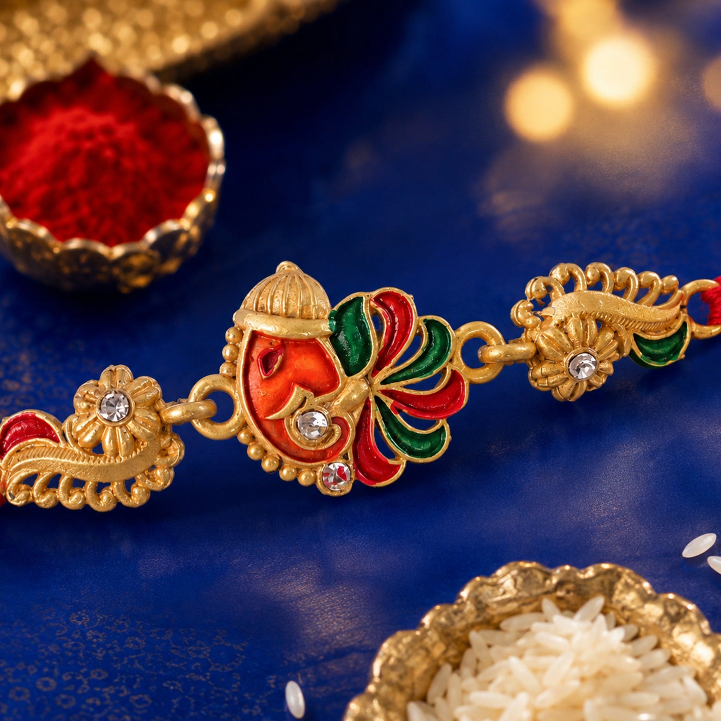 Gold-Toned Lord Ganesha Rakhi with Multicolor Enamel, Crystal Accents & Designer Red Thread