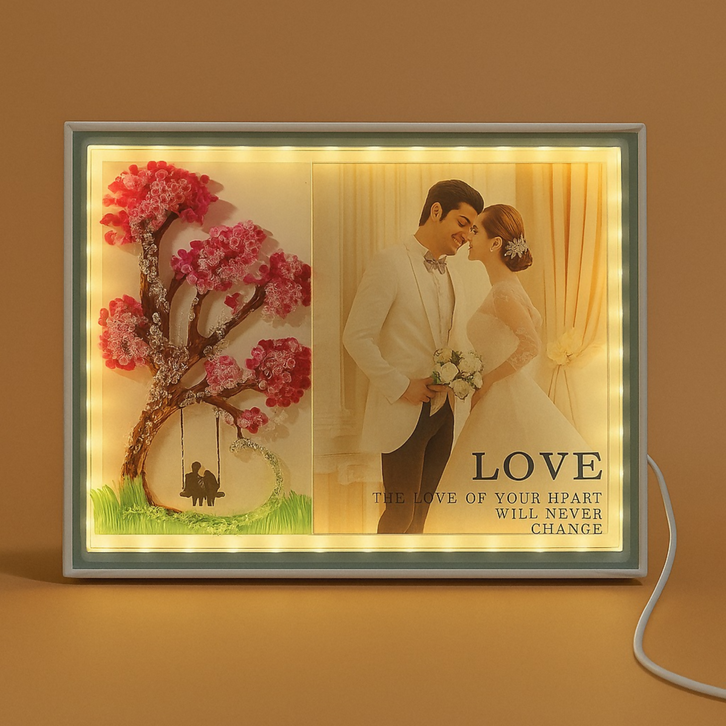 Romantic LED Photo Frame with 3D Tree & Couple Swing Artwork | Warm Light Illuminated Wedding & Anniversary Picture Frame | USB Powered Tabletop Love Lamp for Bedroom, Home Decor & Valentine Gifting