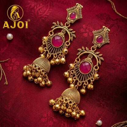 Antique Gold Plated Jhumka Earrings with Ruby Red Stone Traditional