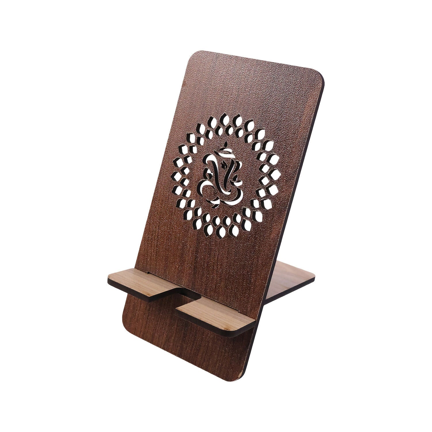 Wooden Mobile Stand with Dual-Side Ganesha Design, Reversible Foldable Phone Holder