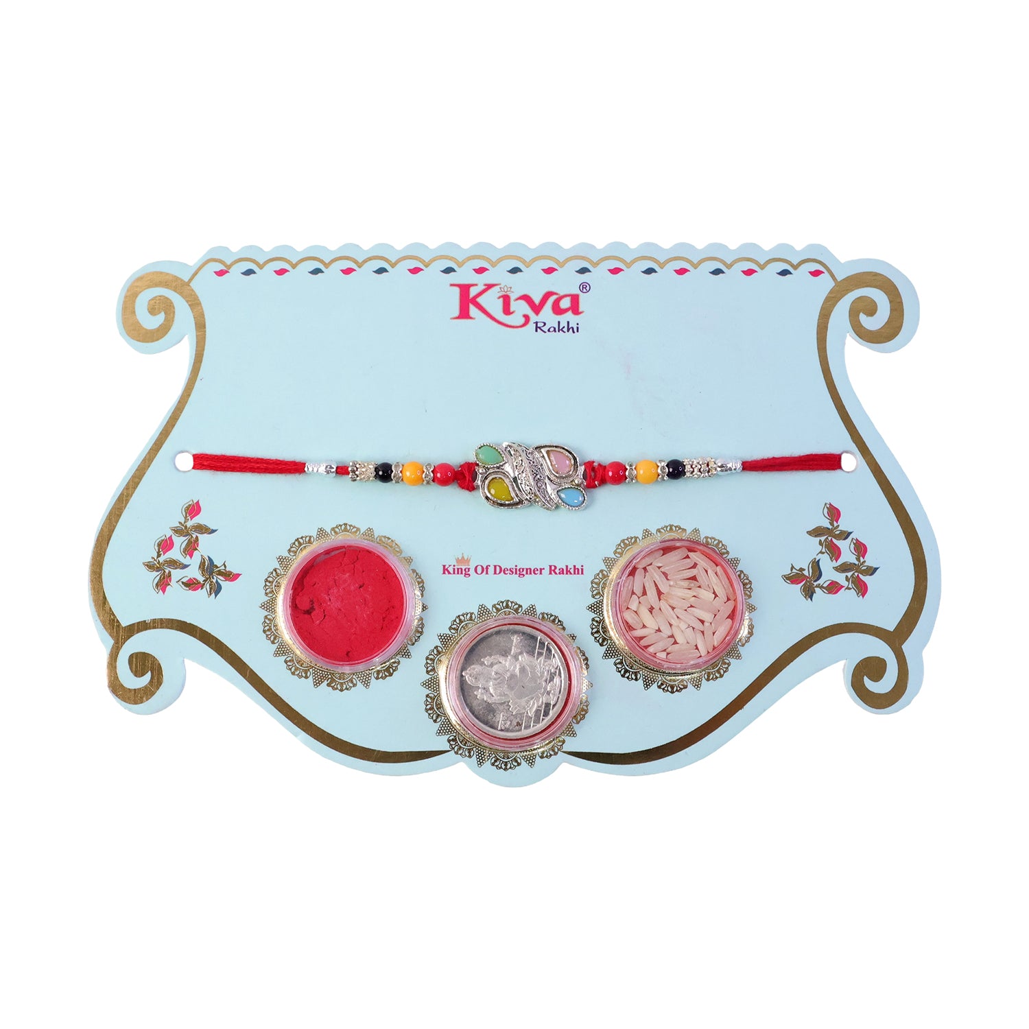 Silver Butterfly Leaf Rakhi with Pastel Stones, Roli Chawal Coin and Card Packing