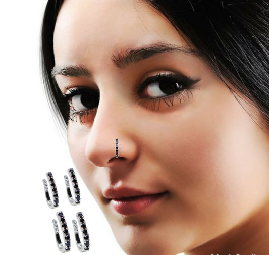 Silver Black CZ Single Row Non-Pierced Nose Cuff/Ring Combo Pack of 4