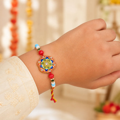 Round Meenakari Mosaic Bhai Bhabhi Lumba Rakhi with Pearl Drops