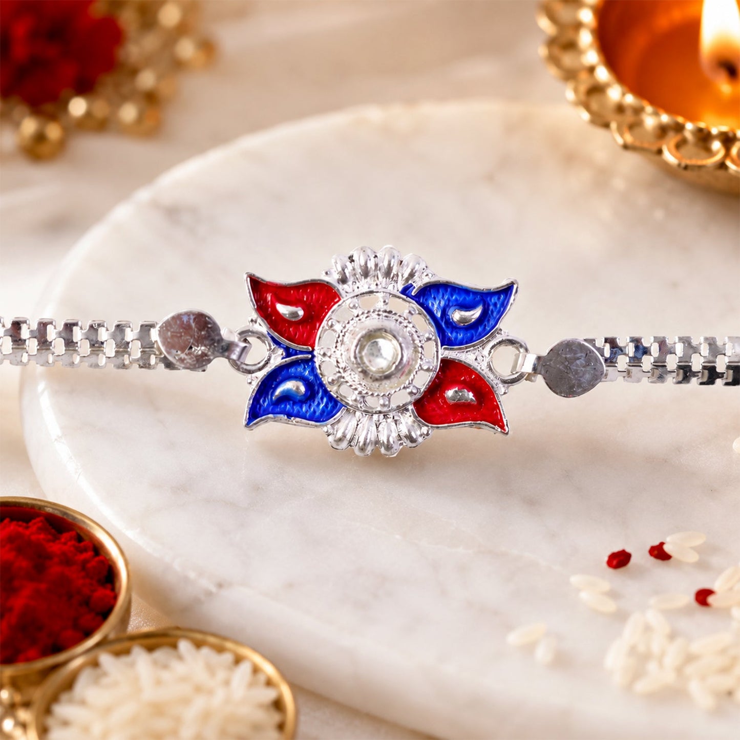 Silver Chain Rakhi Red Green Enamel Floral Design for Brother (10pcs)
